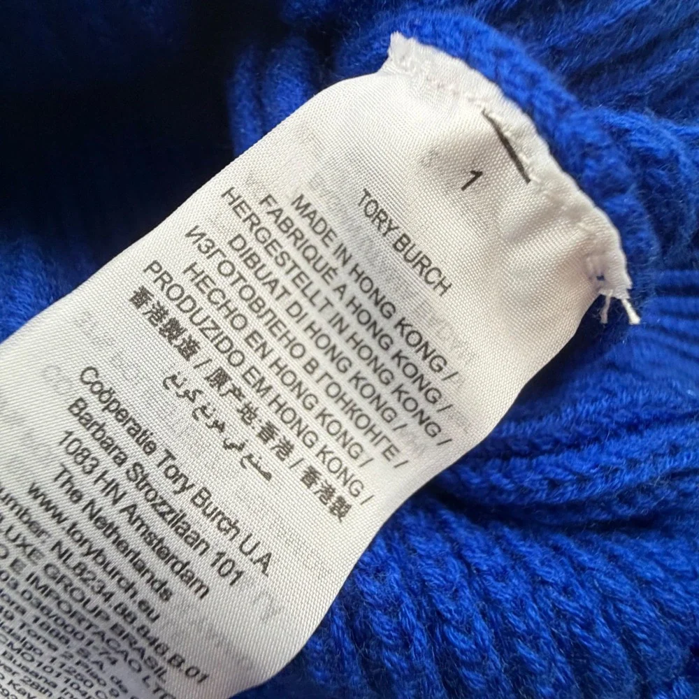 Tory Burch Blue Performance Merino Wool Ribbed Racing Stripe Sweater XS NWOT